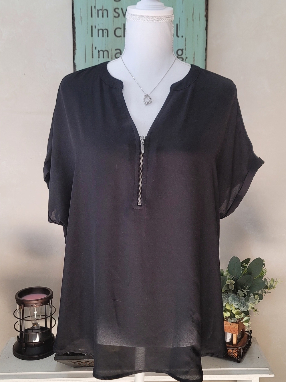 Maurices Black Short-Sleeve Zip Front Blouse